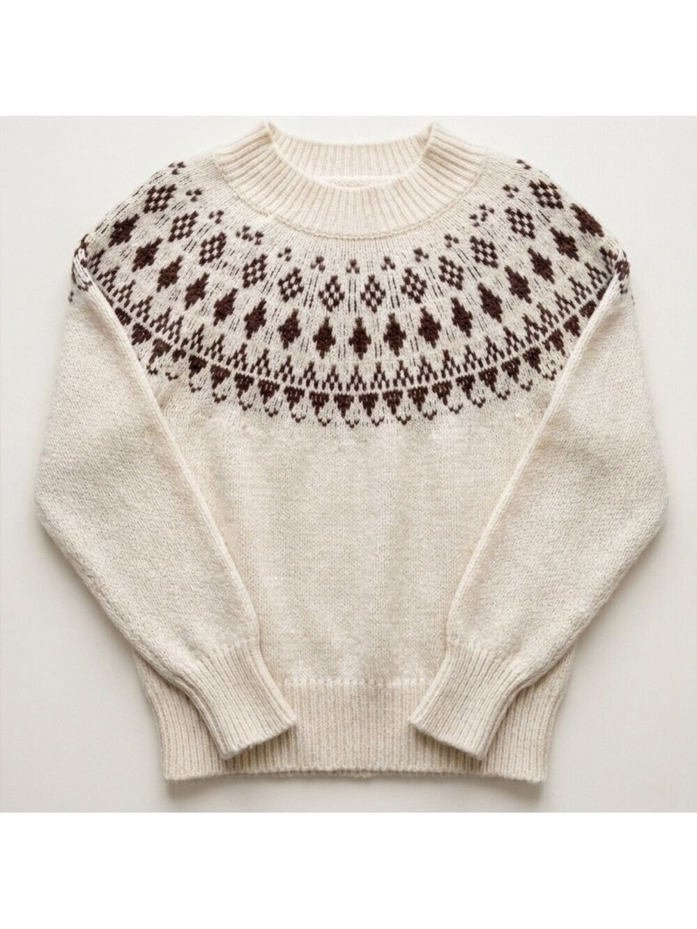 Melrose and Market Cream Brown Fair Isle Knit Pullover Sweater Medium